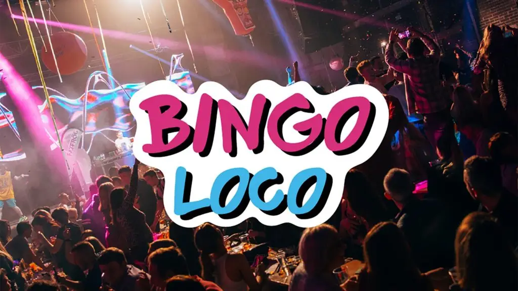 Bingo Loco live event — crowd dancing under pink and blue stage lights with DJ at the decks