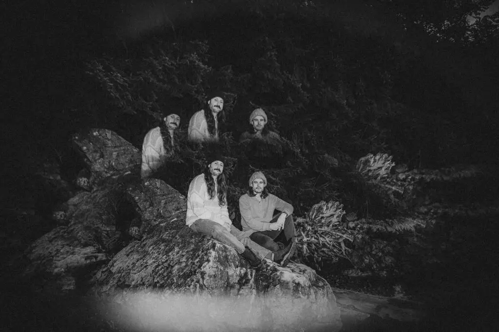 Surf Hat band photo — four musicians posing on rocks in a dark Pacific Northwest forest