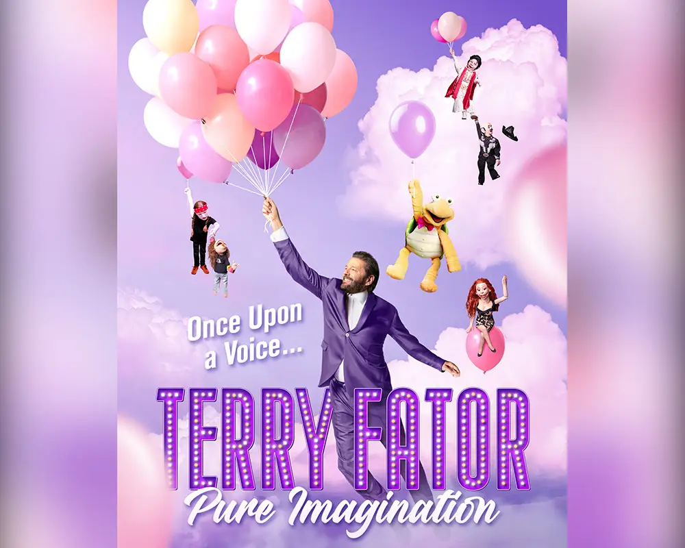 Terry Fator with his puppet cast in official Pure Imagination tour art for Riviera Theatre