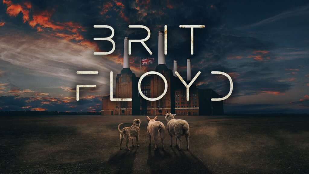 Brit Floyd promotional artwork — Animals 50th Anniversary Tour with dramatic wall, prism rainbow, and Union Jack