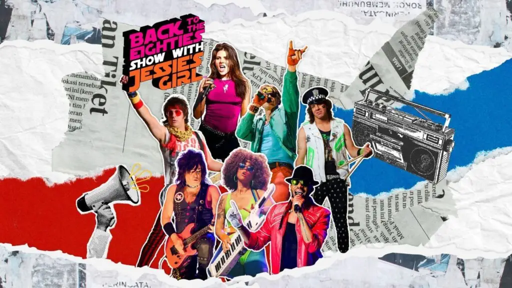 Jessie's Girl – Back to the Eighties Show performers in vibrant 80s-era costumes