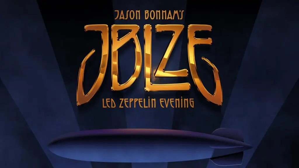 Jason Bonham's Led Zeppelin Evening official tour artwork with JBLZE logo on dark navy background
