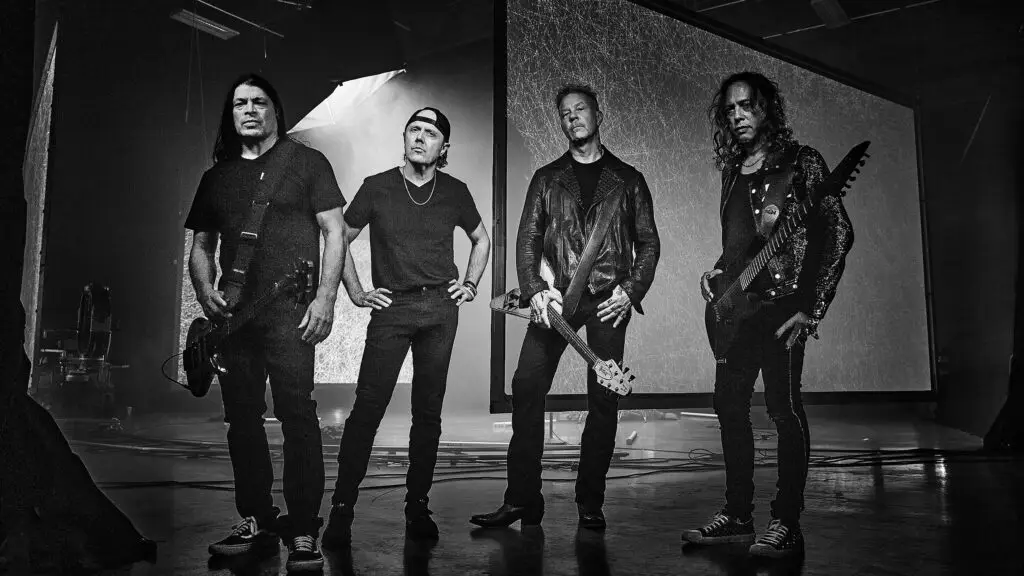 Metallica — official M72 World Tour press photo featuring all four band members in black and white