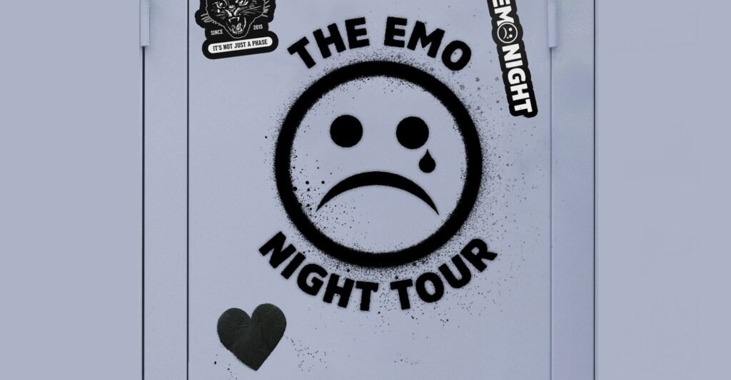 The Emo Night Tour spray-painted logo on a locker — official promotional art for the 2026 emo dance party tour
