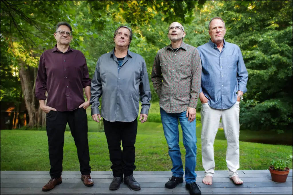 Kelley's Heroes, Rochester indie rock band, in outdoor press photo for Bootleg Heroes Elvis Costello tribute show