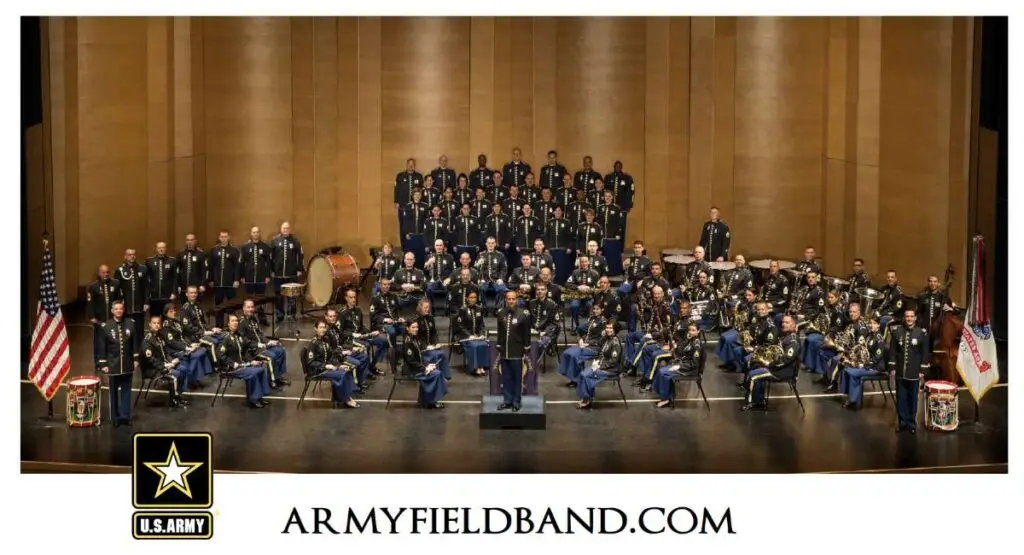 U.S. Army Concert Band performing on stage in formal military dress uniforms