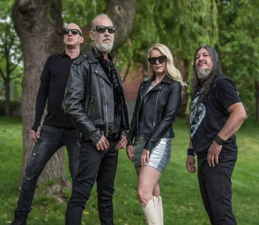 Men Without Hats band photo — Ivan Doroschuk, Sahara Sloan, Sho Murray, and Adrian White