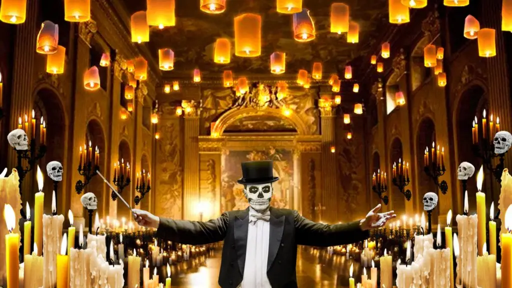 The Rock Orchestra By Candlelight conductor in skull mask and top hat leading ensemble in candlelit theatrical setting