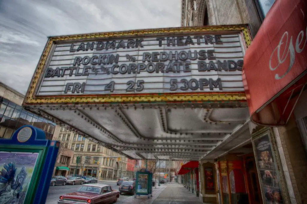 The Landmark Theatre marquee on South Salina Street in downtown Syracuse, New York