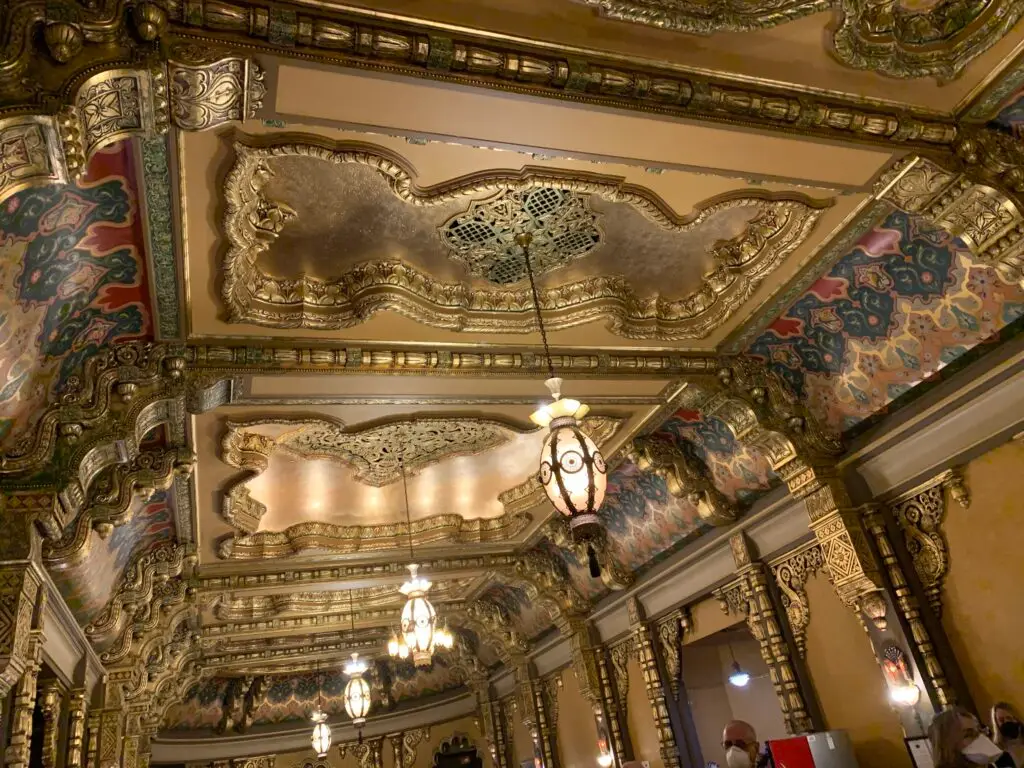 Ornate polychrome ceiling and gilded plasterwork inside the Landmark Theatre in Syracuse