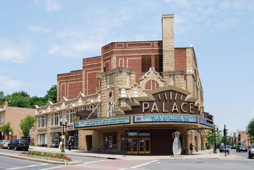 The Palace Theatre marquee and brick facade on Clinton Avenue in downtown Albany, New York