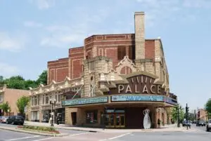 The Palace Theatre marquee and brick facade on Clinton Avenue in downtown Albany, New York
