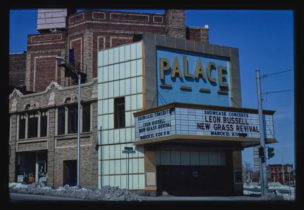 The Palace Theatre marquee in Albany advertising a Showcase Concerts bill with Leon Russell and New Grass Revival