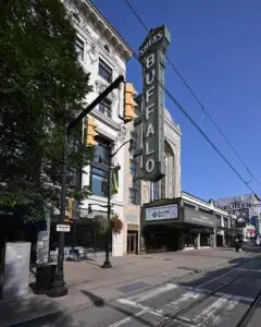 The Shea's Buffalo vertical blade sign and terra cotta facade on Main Street in Buffalo, New York