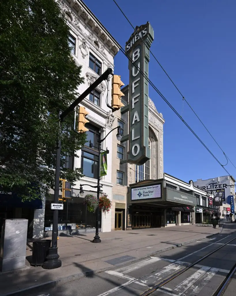 The Shea's Buffalo vertical blade sign and terra cotta facade on Main Street in Buffalo, New York