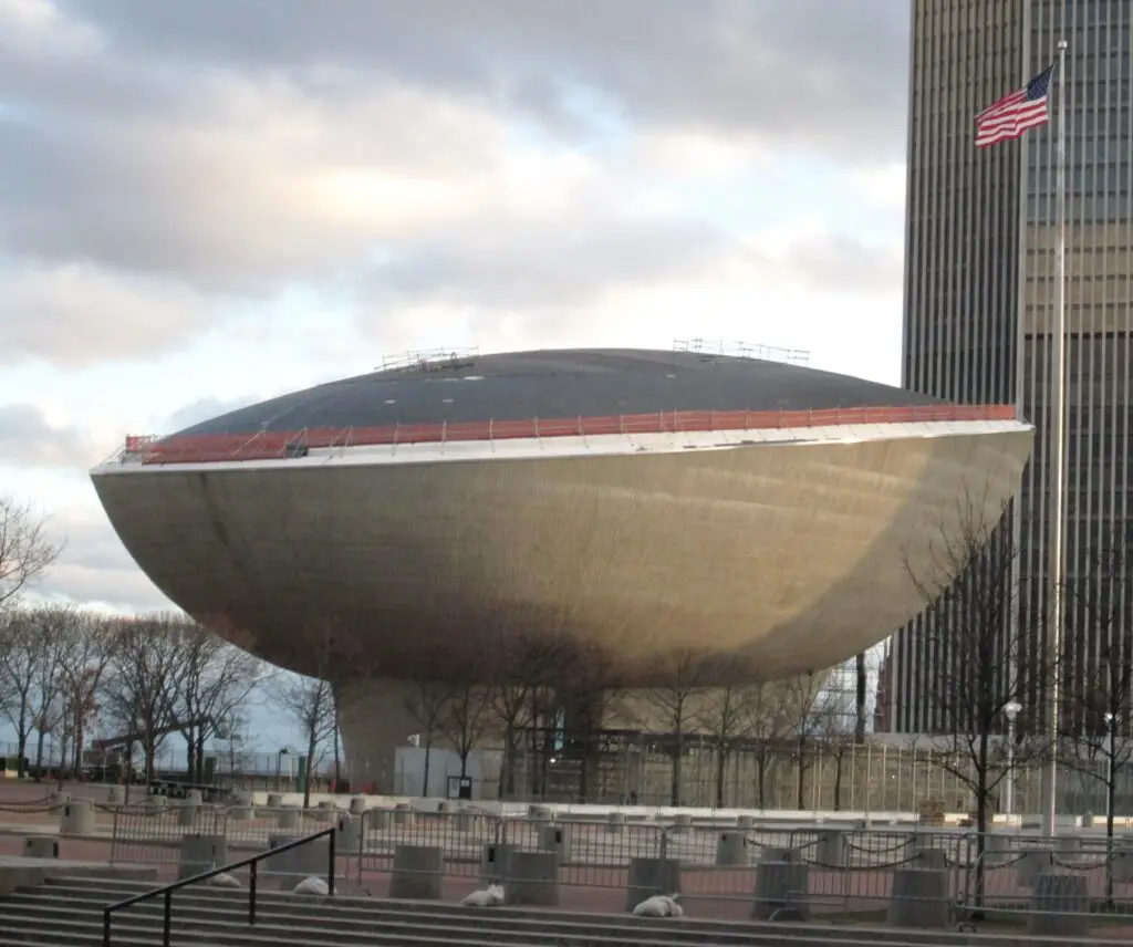 The Egg performing arts center at Empire State Plaza in Albany, its concrete shell resting on a central stem