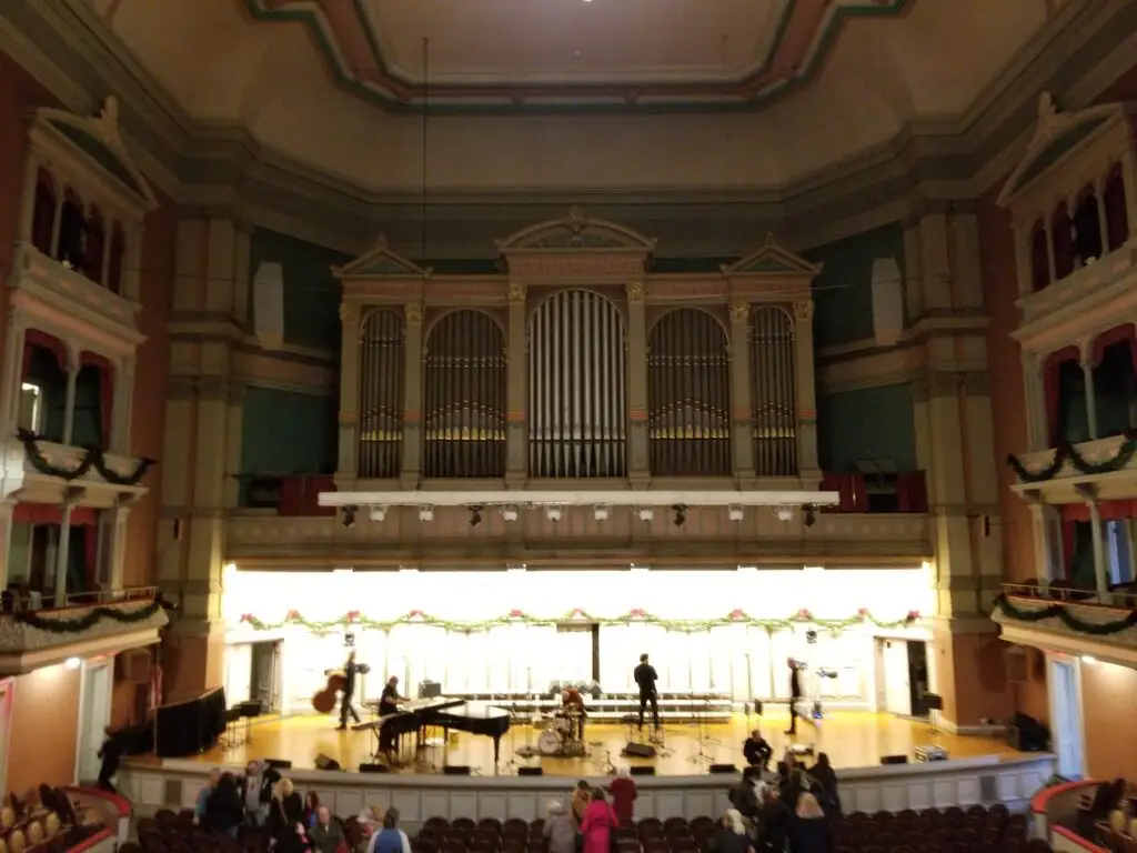 The stage and pipe organ of the Troy Savings Bank Music Hall seen from the seating area