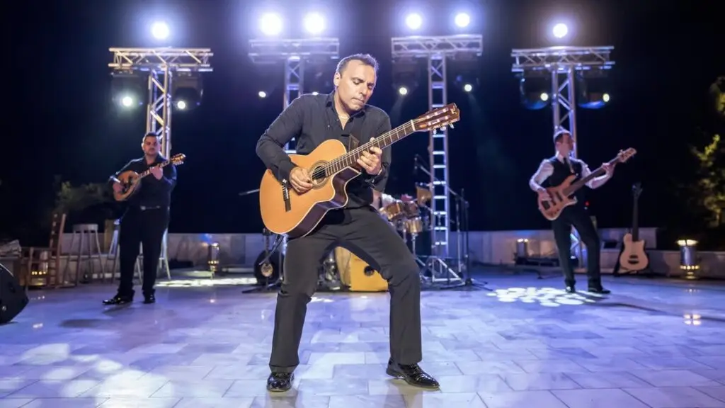 Pavlo performing live on an outdoor stage, playing nylon-string acoustic guitar with his band