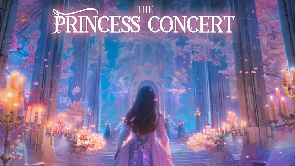 The Princess Proms Concert official key art — princess in purple gown before a glowing fantasy ballroom with candelabras
