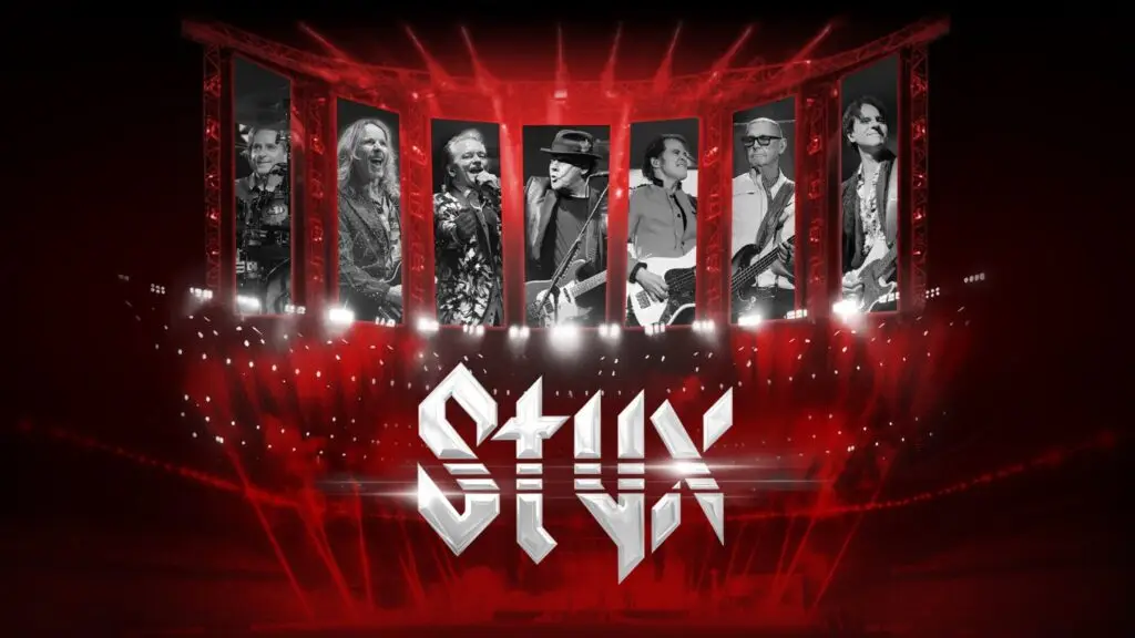 Styx performing live — seven-piece band lineup composite with red concert stage lighting