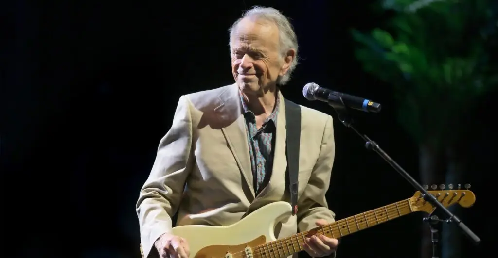 Al Jardine performing live on stage with Fender Stratocaster guitar at microphone