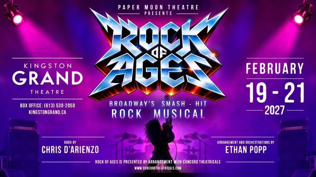 Rock of Ages musical promotional art — Paper Moon Theatre at Kingston Grand Theatre, February 2027