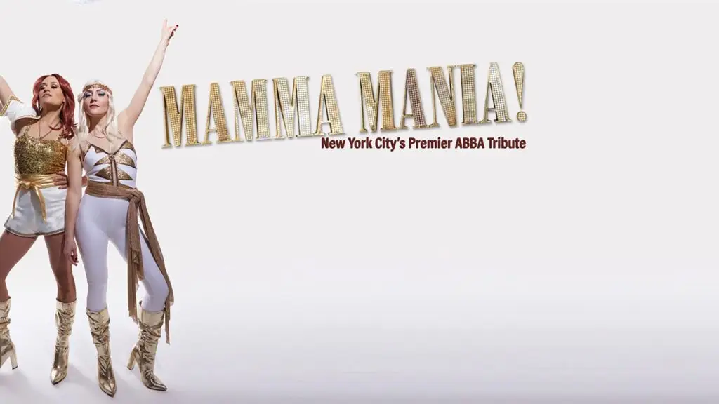 Mamma Mania! ABBA tribute performers in gold and white costumes pose for promotional photo