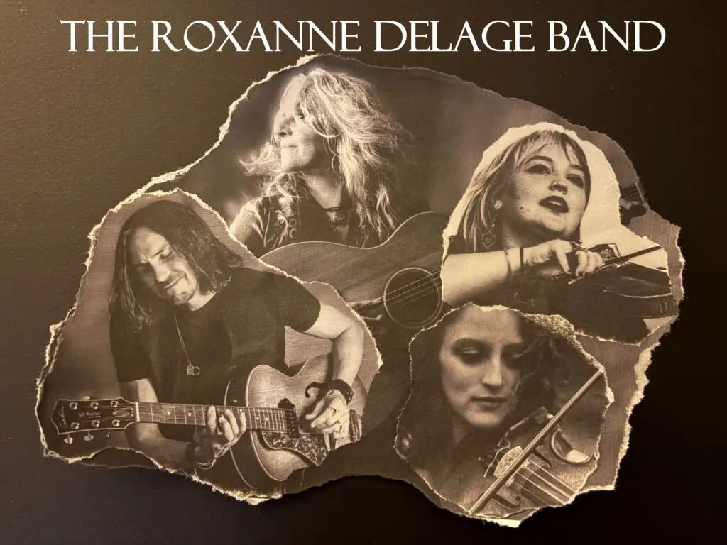 The Roxanne Delage Band — vocalist, guitarist, and two violinists in sepia promo composite