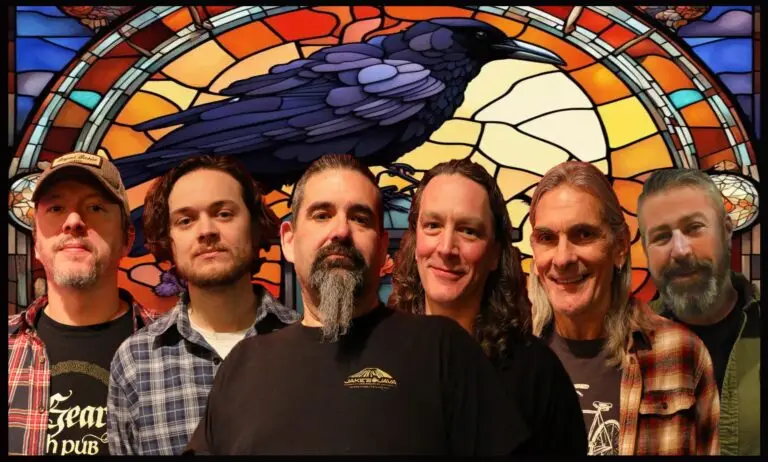 Dead Man's Waltz, six-piece jam band, poses against stained-glass raven backdrop for Colony Woodstock show
