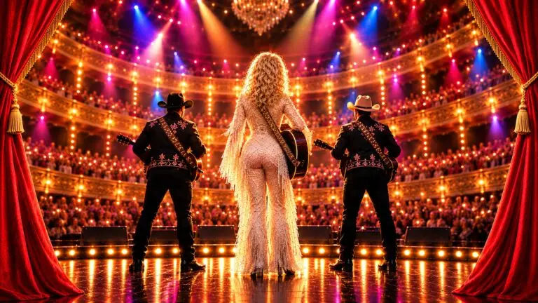 Dolly Parton Tribute — performer in white rhinestone fringe gown center stage with guitar and band, grand theater