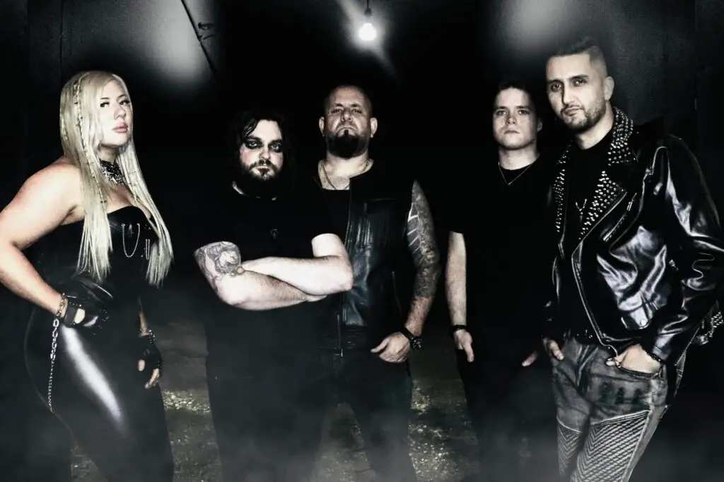 SELIAS five-piece melodic death metal band press photo featuring dual vocalists Ania Fed and Neil Rash