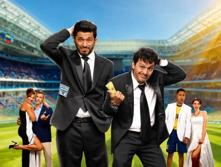 La Pena Máxima 2 film key art — two brothers in black suits looking panicked inside a packed soccer stadium