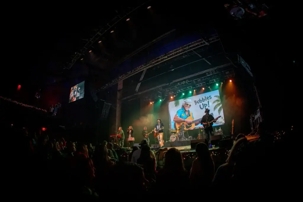 Jimmy Kenny & the Pirate Beach Band performing live on stage with Jimmy Buffett tribute backdrop