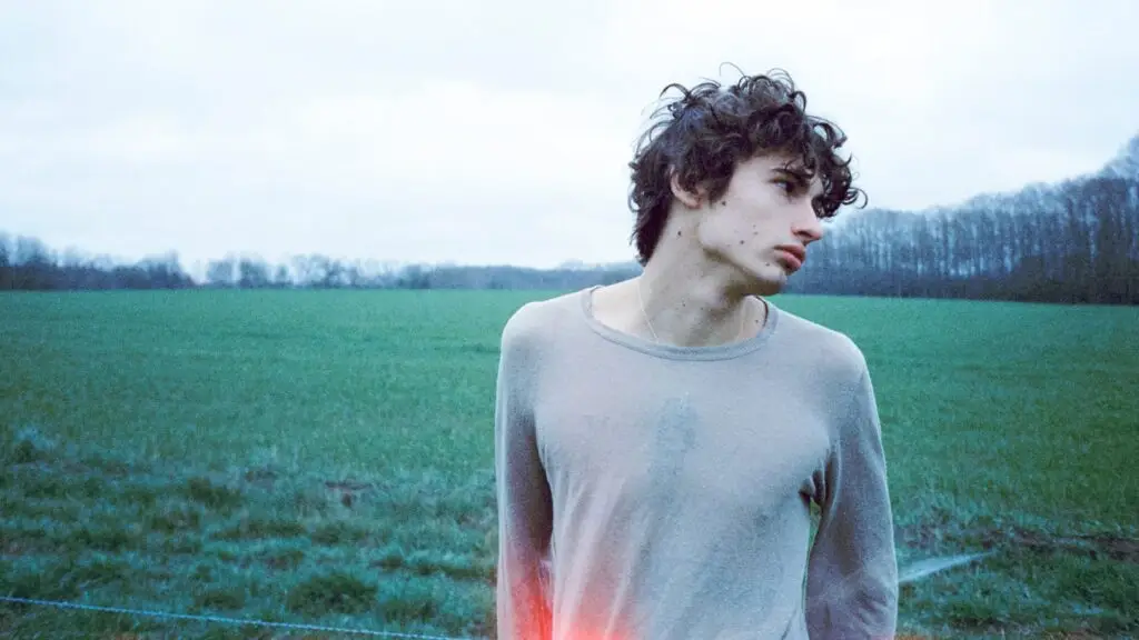glaive promotional photo, young artist in grey shirt standing in a countryside field