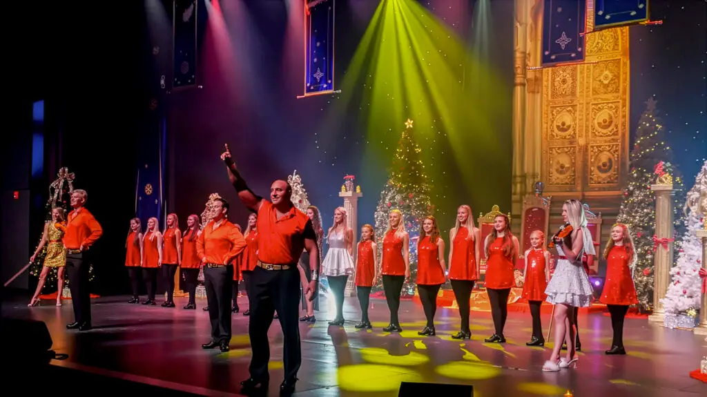 We Three Kings Irish Dance Christmas Sensation cast performs on stage with dramatic Christmas set and theatrical lighting