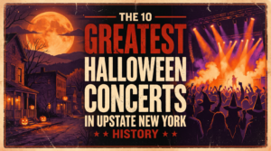 The 10 Greatest Halloween Concerts in Upstate New York History poster: full moon, jack-o-lanterns and a costumed concert crowd