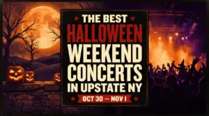 Halloween weekend concerts in Upstate NY poster: jack-o-lanterns, full moon and a costumed concert crowd