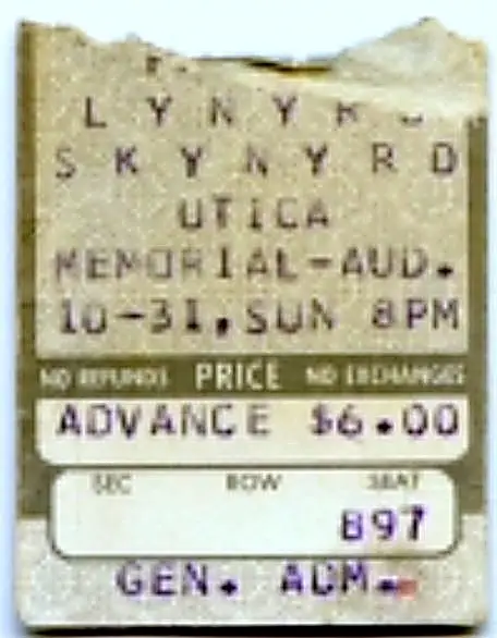 Lynyrd Skynyrd ticket stub, Utica Memorial Auditorium, Sunday 10-31, 8 PM, $6.00 advance general admission
