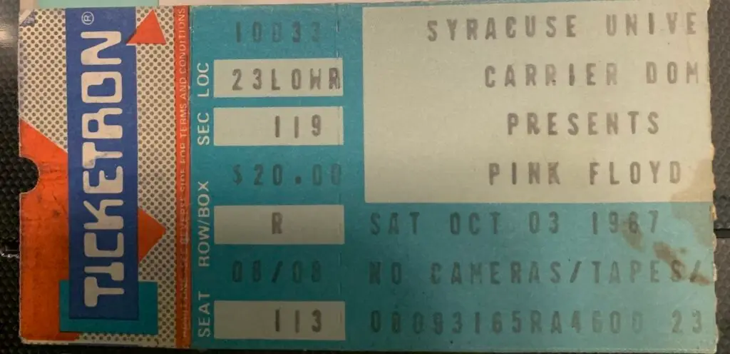 An original Ticketron stub for Pink Floyd at the Carrier Dome, Saturday, October 3, 1987 — Section 119, $20.00.