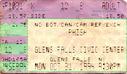 Phish ticket stub, Glens Falls Civic Center, Mon Oct 31 1994, 9:30 PM, $18.50
